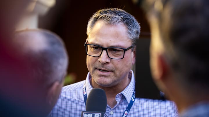 Nov 7, 2023; Scottsdale, AZ, USA; Kansas City Royals general manager J.J. Picollo speaks to the media during the MLB General Manager's Meetings at Omni Scottsdale Resort & Spa. Mandatory Credit: Mark J. Rebilas-Imagn Images