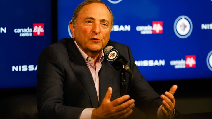 Feb 27, 2024; Winnipeg, Manitoba, CAN; NHL Commissioner Gary Bettman talks to the press before the Winnipeg Jets vs St. Louis Blues game at Canada Life Centre. Mandatory Credit: Terrence Lee-USA TODAY Sports Feb 27, 2024; Winnipeg, Manitoba, CAN; NHL Commissioner Gary Bettman talks to the press before the Winnipeg Jets vs St. Louis Blues game at Canada Life Centre. Mandatory Credit: Terrence Lee-USA TODAY Sports