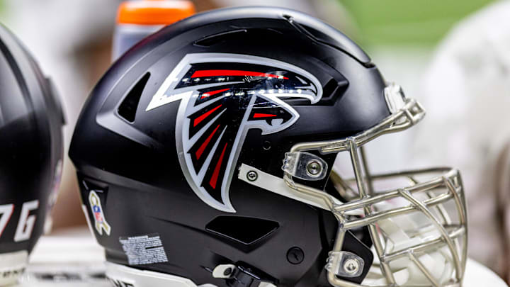 Nov 10, 2024; New Orleans, Louisiana, USA;   Detailed view of the Atlanta Falcons helmet against the New Orleans Saints during the second half at Caesars Superdome. Mandatory Credit: Stephen Lew-Imagn Images