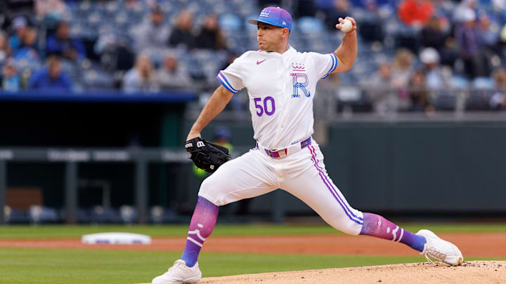 Apr 10, 2026; Kansas City, Missouri, USA; Kansas City Royals pitcher Kris Bubic (50) pitches during the first inning against the Chicago White Sox at Kauffman Stadium. 