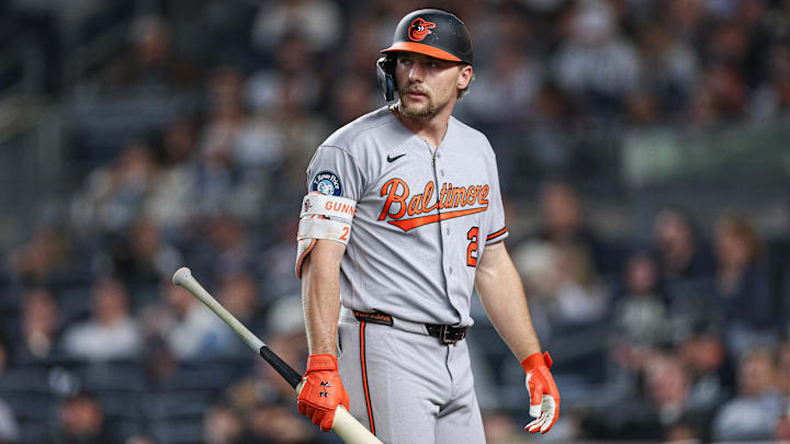 May 4, 2026; Bronx, New York, USA;  Baltimore Orioles shortstop Gunnar Henderson (2) reacts after striking out during the seventh inning against the New York Yankees at Yankee Stadium. Mandatory Credit: Vincent Carchietta-Imagn Images
