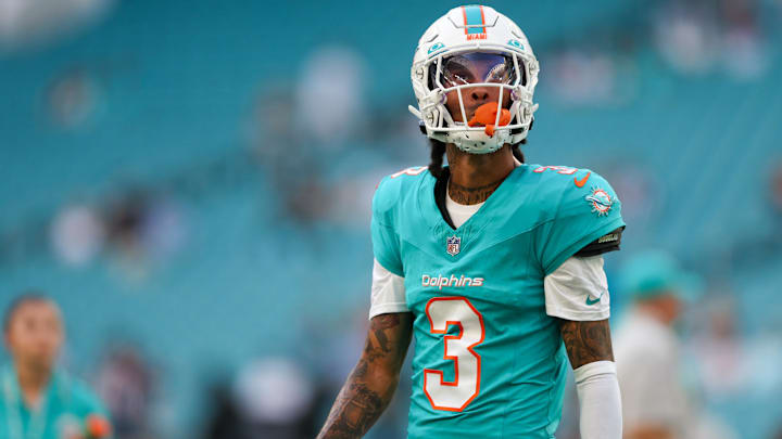 Aug 11, 2023; Miami Gardens, Florida, USA;  Miami Dolphins wide receiver Robbie Chosen (3) warms up before a game against the Atlanta Falcons at Hard Rock Stadium. Mandatory Credit: Nathan Ray Seebeck-Imagn Images