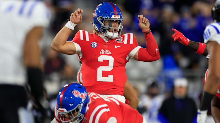 Mississippi Rebels quarterback Jaxson Dart (2) calls a play during the first quarter of the TaxSlayer Gator Bowl Thursday, Jan. 2, 2025 at EverBank Stadium in Jacksonville, Fla. [Corey Perrine/Florida Times-Union]