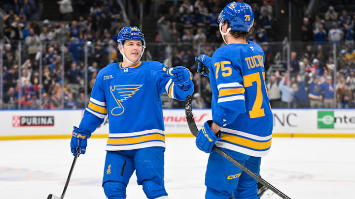 Jan 31, 2026; St. Louis, Missouri, USA; St. Louis Blues defenseman Tyler Tucker (75) is congratulated by right wing Jonatan Berggren (29) after scoring against the Columbus Blue Jackets during the second period at Enterprise Center. Mandatory Credit: Jeff Curry-Imagn Images