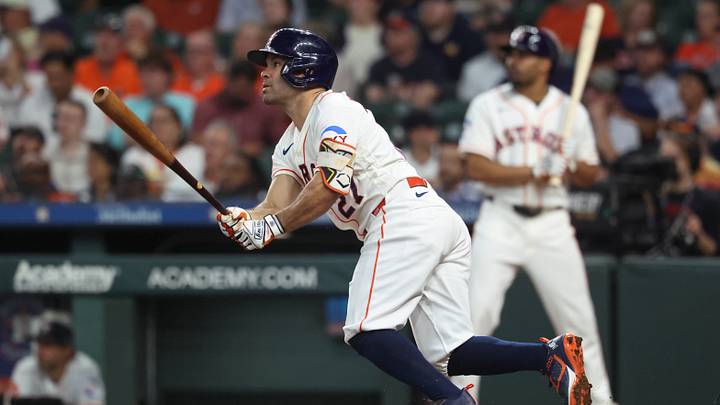 Aug 19, 2026; Houston, Texas, USA; Houston Astros second baseman Jose Altuve (27) bats during the second inning against the Los Angeles Angels at Daikin Park. Mandatory Credit: Troy Taormina-Imagn Images