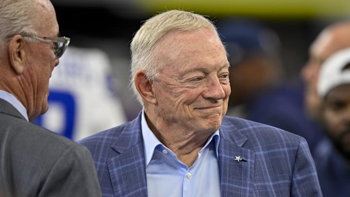 Dallas Cowboys owner Jerry Jones (left) looks on before the game against the Baltimore Ravens at AT&T Stadium.