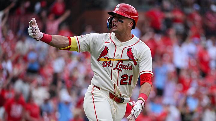 Jun 6, 2026; St. Louis, Missouri, USA; St. Louis Cardinals center fielder Lars Nootbaar (21) reacts after hitting a go ahead two run home run against the Cincinnati Reds during the eighth inning at Busch Stadium. Mandatory Credit: Jeff Curry-Imagn Images Jun 6, 2026; St. Louis, Missouri, USA; St. Louis Cardinals center fielder Lars Nootbaar (21) reacts after hitting a go ahead two run home run against the Cincinnati Reds during the eighth inning at Busch Stadium. Mandatory Credit: Jeff Curry-Imagn Images