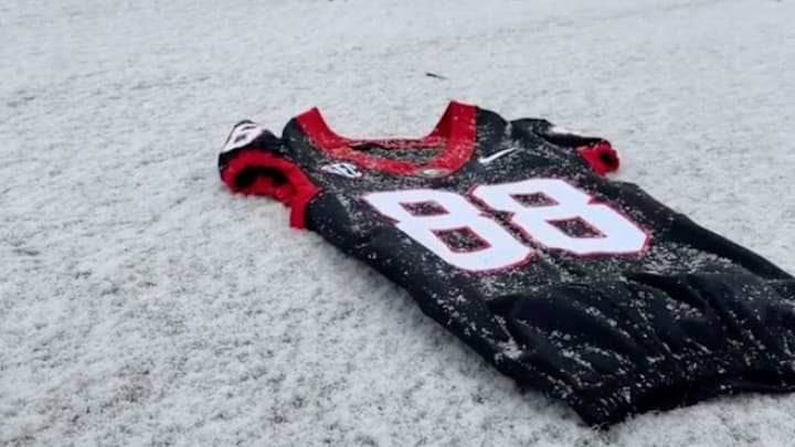 A Georgia Bulldogs football jersey during a snow day in Athens, Georgia