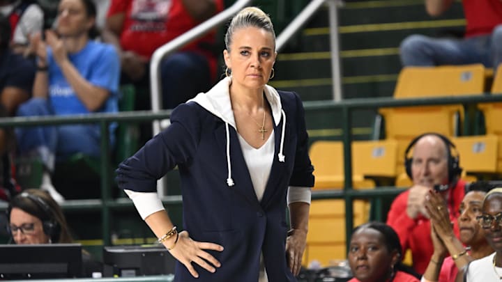 Jul 10, 2025; Washington, District of Columbia, USA; Las Vegas Aces head coach Becky Hammon looks on during the first quarter of a game against the Washington Mystics at EagleBank Arena. Mandatory Credit: Rafael Suanes-Imagn Images Jul 10, 2025; Washington, District of Columbia, USA; Las Vegas Aces head coach Becky Hammon looks on during the first quarter of a game against the Washington Mystics at EagleBank Arena. Mandatory Credit: Rafael Suanes-Imagn Images