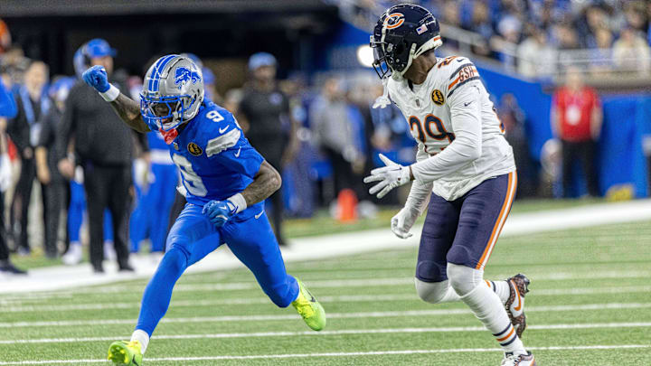 Tyrique Stevenson defends Lions receiver Jameson Williams in the Thanksgiving Day game last season. Tyrique Stevenson defends Lions receiver Jameson Williams in the Thanksgiving Day game last season.