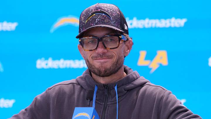 Jul 31, 2026; El Segundo, CA, USA; Los Angeles Chargers offensive coordinator Mike McDaniel during training camp press conference at The Bolt. Mandatory Credit: Kirby Lee-Imagn Images