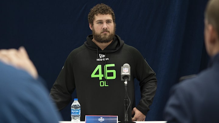 Mar 1, 2025; Indianapolis, IN, USA; Jacksonville State offensive lineman Clay Webb (OL46) answers questions at a press conference during the 2025 NFL Combine at Indiana Convention Center. Mandatory Credit: Jacob Musselman-Imagn Images