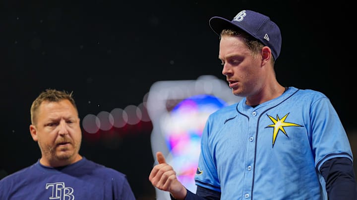 Jun 18, 2024; Minneapolis, Minnesota, USA; Tampa Bay Rays pitcher Pete Fairbanks (29) leaves the game against the Minnesota Twins in the ninth inning at Target Field. Mandatory Credit: Brad Rempel-Imagn Images