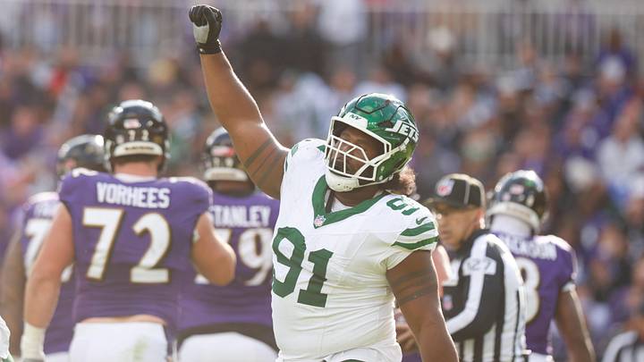 Nov 23, 2025; Baltimore, Maryland, USA; New York Jets defensive tackle Jowon Briggs (91) celebrates a sack during the second quarter against the Baltimore Ravens  at M&T Bank Stadium. Mandatory Credit: Peter Casey-Imagn Images