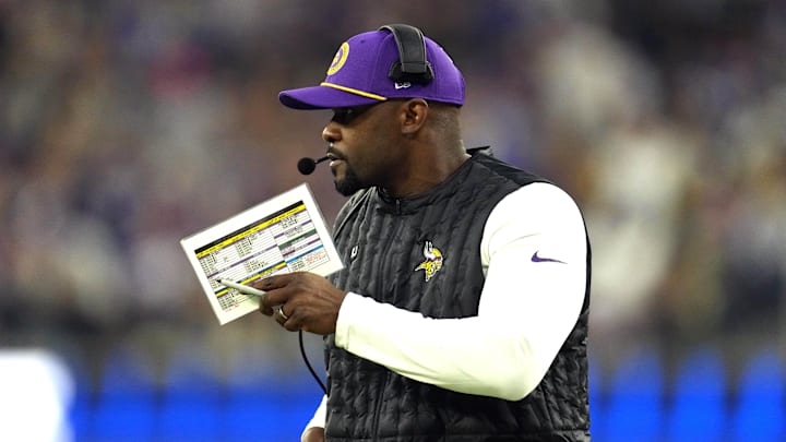 Oct 24, 2024; Inglewood, California, USA; Minnesota Vikings defensive coordinator Brian Flores watches from the sidelines against the Los Angeles Rams in the first half at SoFi Stadium.