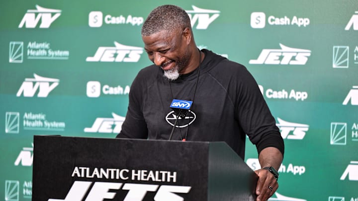 Jun 10, 2025; East Rutherford, NJ, USA; New York Jets head coach Aaron Glenn speaks at a press conference during minicamp at Atlantic Health Jets Training Center. Mandatory Credit: John Jones-Imagn Images