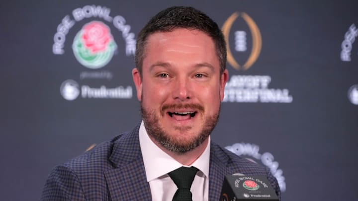 Dec 31, 2024; Los Angeles, California, USA; Oregon Ducks head coach Dan Lanning during the Rose Bowl head coaches press conference at Sheraton Grand LA. Mandatory Credit: Kirby Lee-Imagn Images