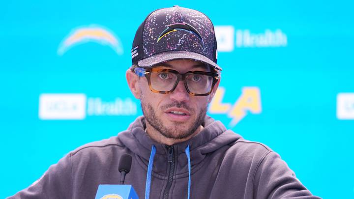 Jul 31, 2026; El Segundo, CA, USA; Los Angeles Chargers offensive coordinator Mike McDaniel during training camp press conference at The Bolt. Mandatory Credit: Kirby Lee-Imagn Images
