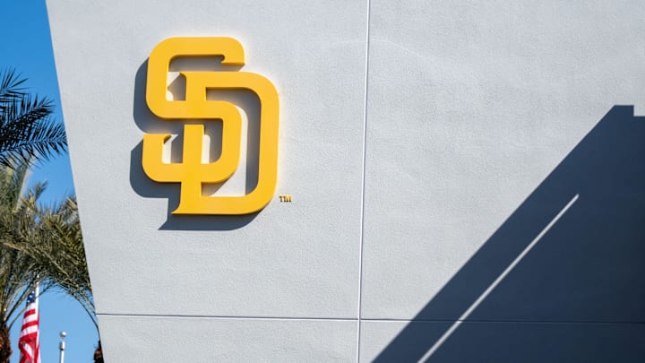Feb 18, 2024; Peoria, AZ, USA; A general view of the San Diego Padres logo and clubhouse during a workout day at Peoria Sports Complex. Mandatory Credit: Allan Henry-Imagn Images