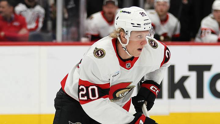 Mar 18, 2026; Washington, District of Columbia, USA; Ottawa Senators left wing Fabian Zetterlund (20) controls the puck during the first period against the Washington Capitals at Capital One Arena. Mandatory Credit: Daniel Kucin Jr.-Imagn Images
