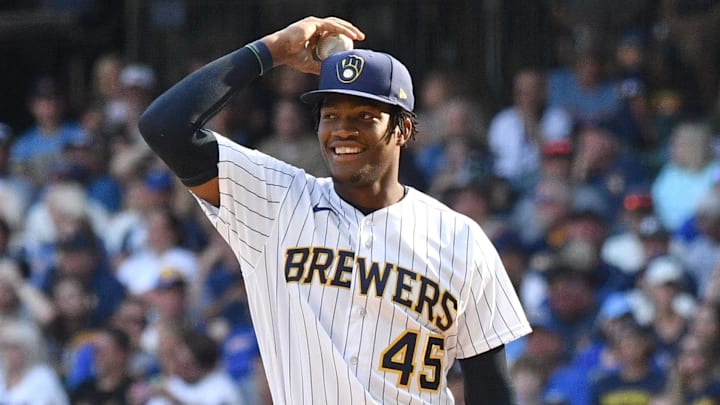 Jul 8, 2023; Milwaukee, Wisconsin, USA; Milwaukee Brewers relief pitcher Abner Uribe (45) makes his
