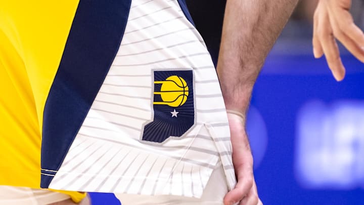 Mar 1, 2024; New Orleans, Louisiana, USA;  Detailed view of the Indiana Pacers logo on a free throw attempt by the New Orleans Pelicans during the second half at Smoothie King Center. Mandatory Credit: Stephen Lew-Imagn Images