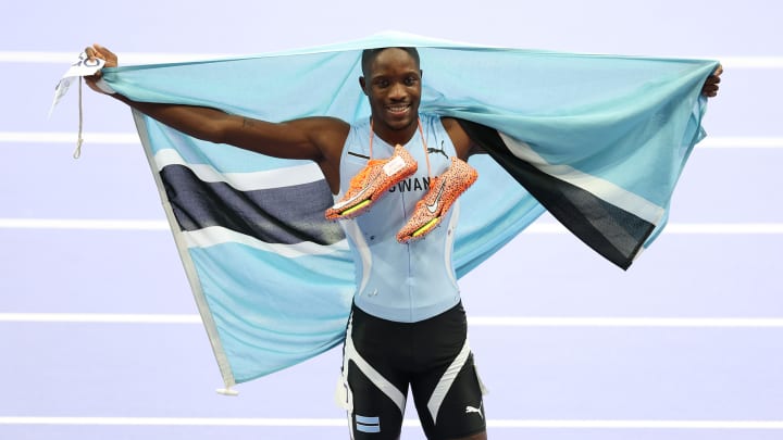 Botswana's Letslie Tebogo after winning the men's 200-meter race at the Olympics in Paris on Aug. 8, 2024. Botswana's Letslie Tebogo after winning the men's 200-meter race at the Olympics in Paris on Aug. 8, 2024.