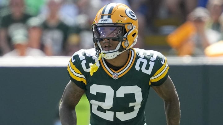 Sep 15, 2024; Green Bay, Wisconsin, USA;  Green Bay Packers cornerback Jaire Alexander (23) during the game against the Indianapolis Colts at Lambeau Field. Mandatory Credit: Jeff Hanisch-Imagn Images