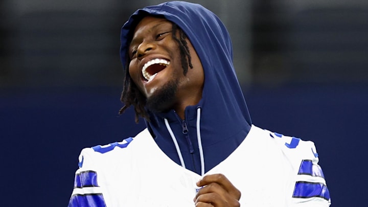 Dallas Cowboys wide receiver George Pickens laughs before the game against the Atlanta Falcons at AT&T Stadium Dallas Cowboys wide receiver George Pickens laughs before the game against the Atlanta Falcons at AT&T Stadium