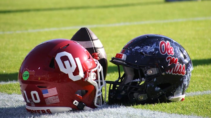 Oklahoma and Ole Miss helmets prior to Saturday's game.
