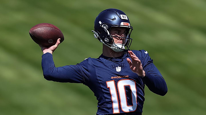 May 23, 2024; Englewood, CO, USA; Denver Broncos quarterback Bo Nix (10) during organized team activities at Centura Health Training Center. Mandatory Credit: Isaiah J. Downing-USA TODAY Sports