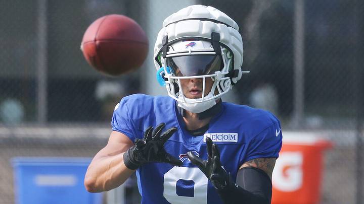 Bills defensive back Taylor Rapp eyes in the ball during interception drills.