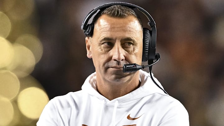 Nov 30, 2024; College Station, Texas, USA; Texas Longhorns head coach Steve Sarkisian looks on during the first quarter against the Texas A&M Aggies. The Longhorns defeated the Aggies 17-7 at Kyle Field Nov 30, 2024; College Station, Texas, USA; Texas Longhorns head coach Steve Sarkisian looks on during the first quarter against the Texas A&M Aggies. The Longhorns defeated the Aggies 17-7 at Kyle Field