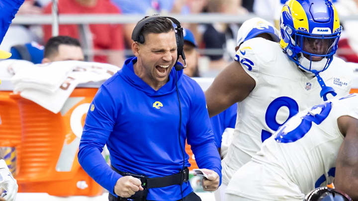 Nov 26, 2023; Glendale, Arizona, USA; Los Angeles Rams pass game coordinator Chris Shula against the Arizona Cardinals at State Farm Stadium. Mandatory Credit: Mark J. Rebilas-Imagn Images Nov 26, 2023; Glendale, Arizona, USA; Los Angeles Rams pass game coordinator Chris Shula against the Arizona Cardinals at State Farm Stadium. Mandatory Credit: Mark J. Rebilas-Imagn Images
