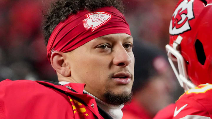 Kansas City Chiefs quarterback Patrick Mahomes (15) looks on during the third quarter against the Houston Texans at GEHA Field at Arrowhead Stadium. Kansas City Chiefs quarterback Patrick Mahomes (15) looks on during the third quarter against the Houston Texans at GEHA Field at Arrowhead Stadium.