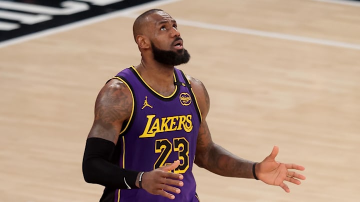 Feb 1, 2025; New York, New York, USA; Los Angeles Lakers forward LeBron James (23) reacts during the fourth quarter against the New York Knicks at Madison Square Garden. Mandatory Credit: Brad Penner-Imagn Images