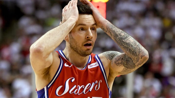 May 12, 2019; Toronto, Ontario, CAN;   Philadelphia 76ers guard J.J. Redick (17) reacts.