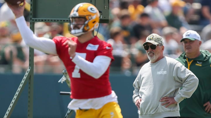 Green Bay Packers quarterbacks coach Tom Clements watches as quarterback Jacob Eason (7) throws a pass in a drill on Friday, July 26, 2024, at Ray Nitschke Field in Ashwaubenon, Wis.
