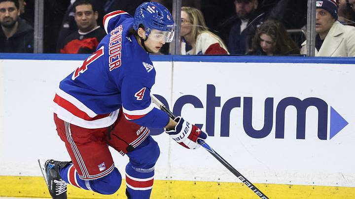 Mar 18, 2026; New York, New York, USA; New York Rangers defenseman Braden Schneider (4) controls the puck in the second period against the New Jersey Devils at Madison Square Garden. Mar 18, 2026; New York, New York, USA; New York Rangers defenseman Braden Schneider (4) controls the puck in the second period against the New Jersey Devils at Madison Square Garden.