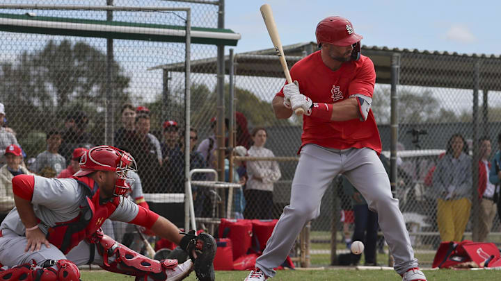 Feb 19, 2024; Jupiter, FL, USA; St. Louis Cardinals first baseman Paul Goldschmidt (46) takes