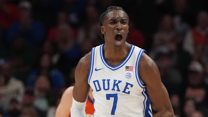 Duke guard Dame Sarr reacts during the ACC tournament semifinals on Friday. Will any ACC teams beyond the Blue Devils make a run in the men’s NCAA tournament?
