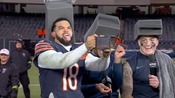 Bears quarterback Caleb Williams grates cheese after beating the Packers.