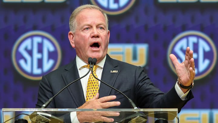 Jul 16, 2025; Atlanta, GA, USA; LSU Tigers head coach Brian Kelly talks to the media during SEC Media Day at Omni Atlanta Hotel. 