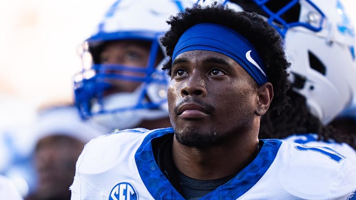 Nov 23, 2024; Austin, Texas, USA; Kentucky Wildcats defensive back Zion Childress (11) looks on during the review of a Texas Longhorns touchdown in the second quarter at Darrell K Royal Texas Memorial Stadium. Mandatory Credit: Sara Diggins/USA TODAY Network via Imagn Images