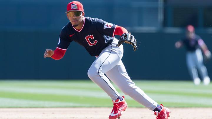 Feb 24, 2026: Cleveland Guardians infielder Angel Genao against the Los Angeles Dodgers during a spring training game at Camelback Ranch-Glendale. 