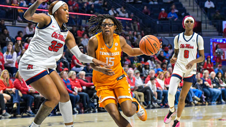 Tennessee's Jaida Civil (15) drives against Ole Miss forward Cotie McMahon (32) in a NCAA women’s college basketball game at the Sandy and John Black Pavilion at Ole Miss in Oxford, Miss. on Tuesday, Feb. 17, 2026. Tennessee's Jaida Civil (15) drives against Ole Miss forward Cotie McMahon (32) in a NCAA women’s college basketball game at the Sandy and John Black Pavilion at Ole Miss in Oxford, Miss. on Tuesday, Feb. 17, 2026.