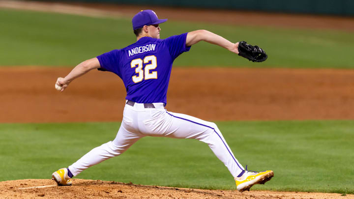 Tigers starting pitcher Kade Anderson 32 on the mound as LSU Tigers take on Alabama Baseball in Baton Rouge, LA. Thursday, April 17, 2025. Tigers starting pitcher Kade Anderson 32 on the mound as LSU Tigers take on Alabama Baseball in Baton Rouge, LA. Thursday, April 17, 2025.