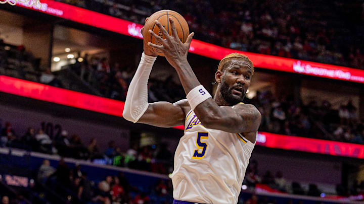Nov 14, 2025; New Orleans, Louisiana, USA;  Los Angeles Lakers center Deandre Ayton (5) grabs a rebound against the New Orleans Pelicans during the second half at Smoothie King Center. Mandatory Credit: Stephen Lew-Imagn Images