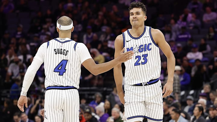 Feb 19, 2026; Sacramento, California, USA; Orlando Magic guard Jalen Suggs (4) celebrates with forward Tristan da Silva (23) after a play against the Sacramento Kings during the fourth quarter at Golden 1 Center. Mandatory Credit: Kelley L Cox-Imagn Images Feb 19, 2026; Sacramento, California, USA; Orlando Magic guard Jalen Suggs (4) celebrates with forward Tristan da Silva (23) after a play against the Sacramento Kings during the fourth quarter at Golden 1 Center. Mandatory Credit: Kelley L Cox-Imagn Images