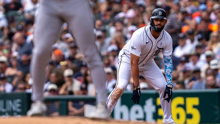 Detroit Tigers outfielder Riley Greene (31) stands on first base during his game against the Chicago White Sox at Comerica Park in Detroit on Sunday, June 21, 2026.